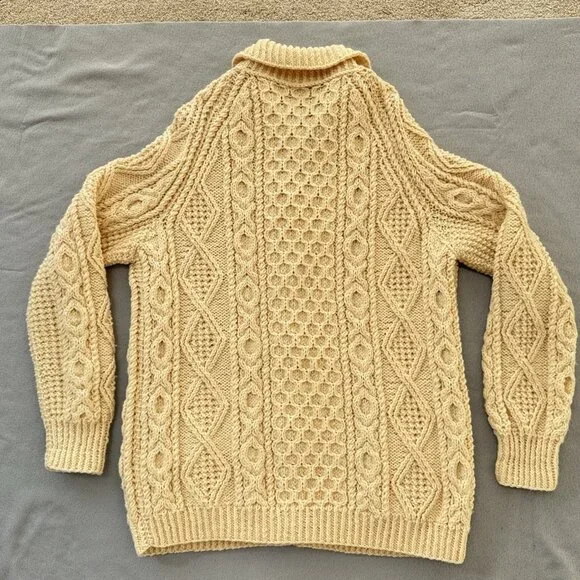 Vintage Irish Wool Sweater Hand Knit Cardigan Collar Ivory Chunky Fisherman READ - Picture 7 of 16